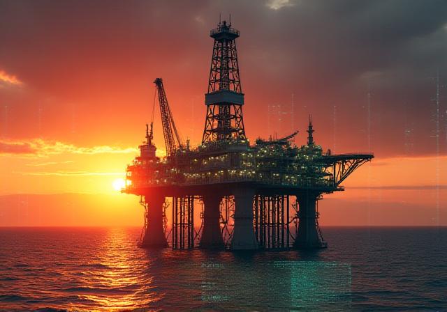 An oil rig at sunset with data overlays