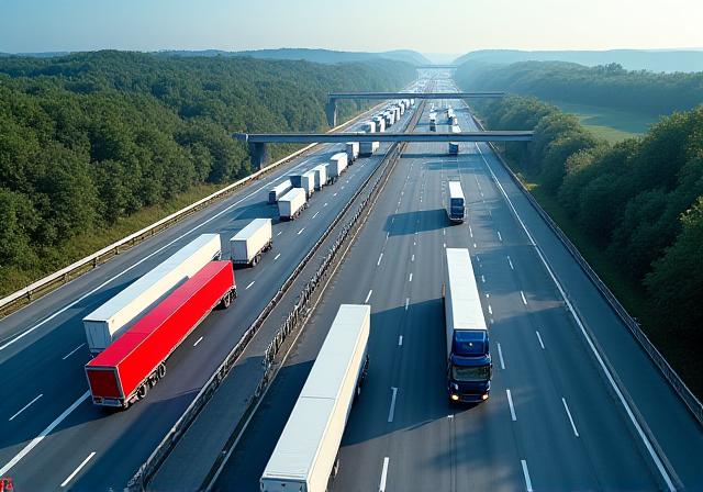 A fleet of delivery trucks on a highway interchange seen from above