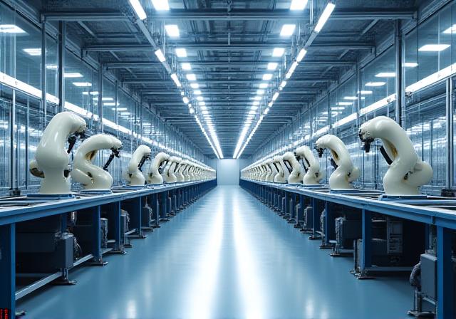 A clean, modern factory floor with robotic arms