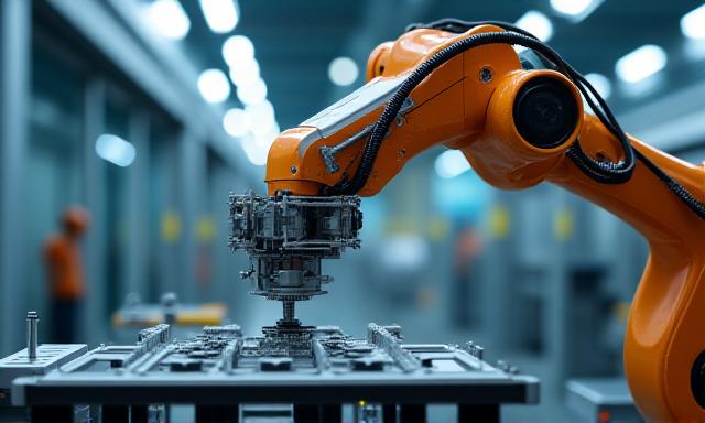 A robotic arm performing a precise task in a factory setting